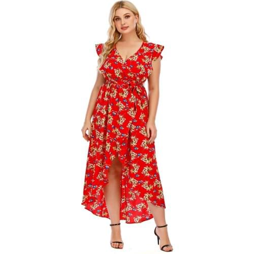 Plus Size Women Dress V-neck Floral Print Summer Beach Dresses Asymmetrical Short Sleeve High Waist Kimono Dress TSQ0163