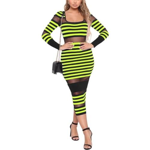 Women Sexy Splice Lace Dress Bodycon Long Sleeve Stripe Sheer Mesh Clubwear Club Night Out Dress