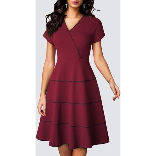 Women Elegant Charming V Neck Short Sleeve Striped Swing A-Line Knee Length Dress HA253