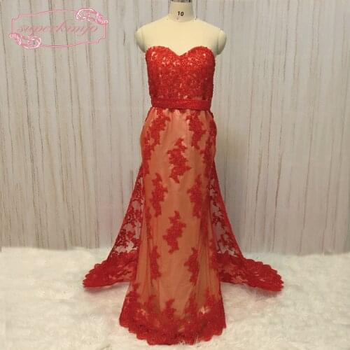 SuperKimJo Vestido Longo Detachable Skirt Evening Dresses 2020 Lace Applique Beaded Red Mermaid Evening Gown Abendkleider