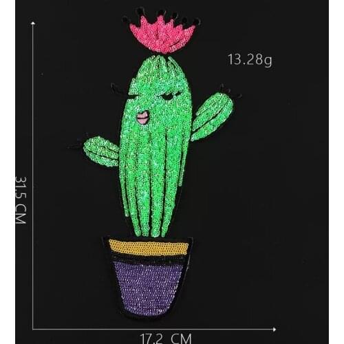 2019 New Cartoon Cactus Sequined Sew on Patches for Clothes Large Tropical Plant Sequins Patch DIY Craft Sewing Decals 1pc