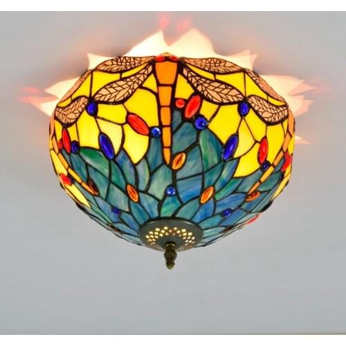 30cm European-Style Retro Yellow Base Dragonfly Multi-Color Glass Restaurant Bedroom Aisle Corridor Bathroom Glass Ceiling Lamp