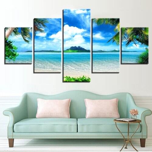 5 piezas de arte de pared de habitación con marco decorativo, palmeras, cielo azul, Nube Blanca, escena del mar, carteles, cuadr
