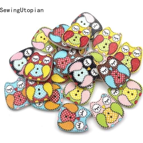 50PCS 2 Hole Cute Owl Multicolor Wood Sewing Buttons for Kids Clothes Scrapbooking Decorative Botones Needlework DIY Accessories