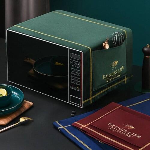 Velvet Fabric Microwave Oven Dust Cover Double Pockets Waterproof Storage Bag Kitchen Accessories Microwave Oven Hood Towel