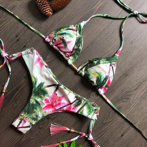 Halter Bikini Womens Swimsuits Push Up Swimwear Biquni String Bow Beachwear Printing Bathing Suits 2021 New Bikinis