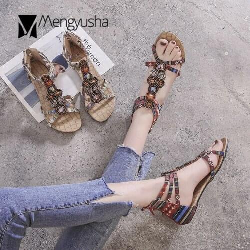 Nation style crystal mixed colors high -top sandals women stone pattern back zip flats sandalias open toe string bead footwear