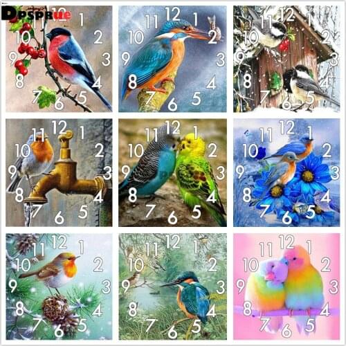 Dpsprue Full Diamond Painting Cross Stitch With Clock Mechanism Mosaic 5D Diy Square Round Animal Bird 3d Embroidery Gift Hj017