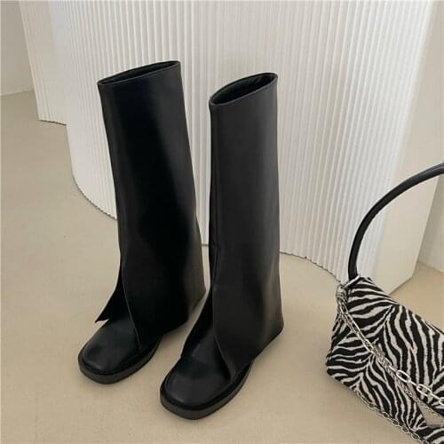 INS Hot Chunky Party Boots Black Square Toe Trousers High Boots 2021 Autumn Winte New Knee-length Boots Retro Knight Boots Women