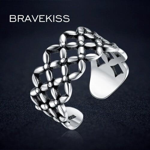 BRAVEKISS Retro 925 Sterling Silver Ring Women Adjustable Open Ring Big Wide Band Party Filigree Hollow Rings Antique BLR0315