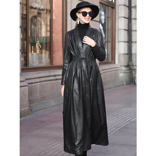 Lautaro Autumn Elegant Long Black Leather Trench Coat for Women Deep V Neck Long Sleeve Drawstring Korean Fashion Clothing 2021