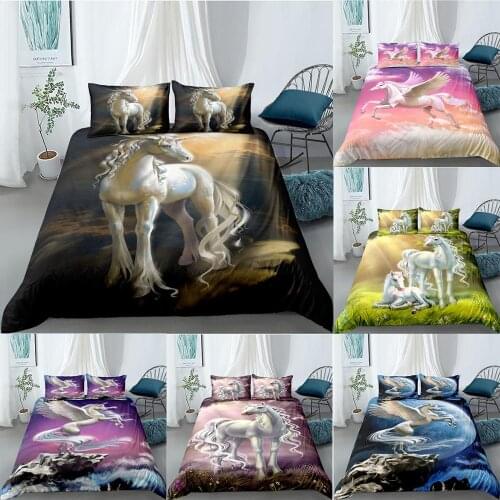 Dreamy Unicorn Bedding Set 3D Printing Forest Fly Wing Horse Duvet Cover 220x240 Cotton Modern Bedclothes For Girls/Kids/Adult