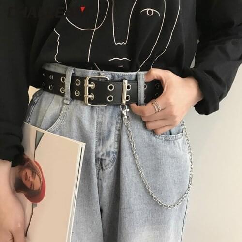 Fashion Harajuku Women Punk Chain Belt Adjustable Black Double/Single Eyelet Grommet Metal Buckle Leather Waistband For Jeans