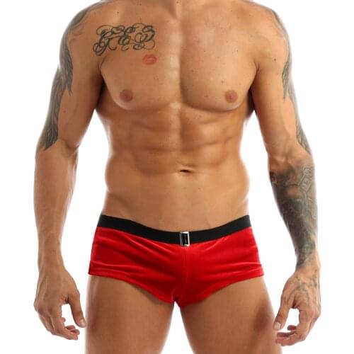 MSemis Men Velvet Lingerie Boxers Shorts Christmas Holiday Party Fancy Cosplay Costume Mini Shorts Hot Panties with Fake Buckle