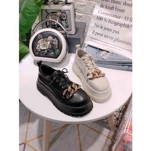 2021 spring and autumn new leather lace-up metal chain low-top womens shoes all-match platform small leather shoes