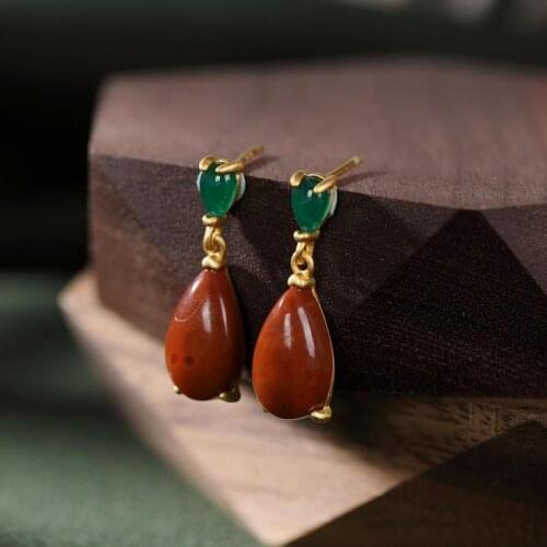 New drop-shaped natural Hetian Yunan red tourmaline red earrings retro elegant ladies birthday party silver jewelry