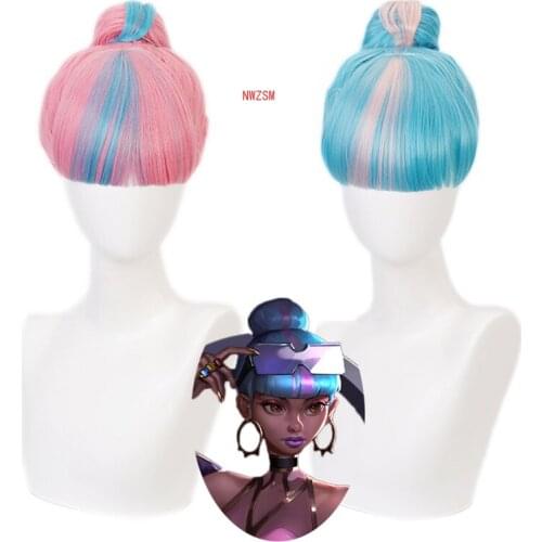 True Damage Qiyana Pink Blue Wig With Bun Cosplay Costume Heat Resistant Synthetic Hair Women Party Wigs