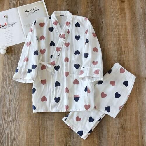 Spring/summer new womens pajamas set Japanese kimono 7-sleeves trousers Sleepwear ladies cotton gauze soft comfortable homewear