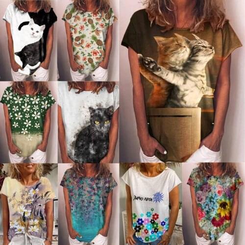 Womens T-Shirt Two Cat Print 3D Shirt Summer Short Sleeve FLower Tees Loose Top for Women