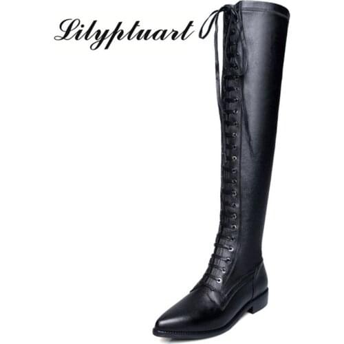 2019 new British style cowhide material knight boots pointed side zipper with rubber sole over the knee boots women