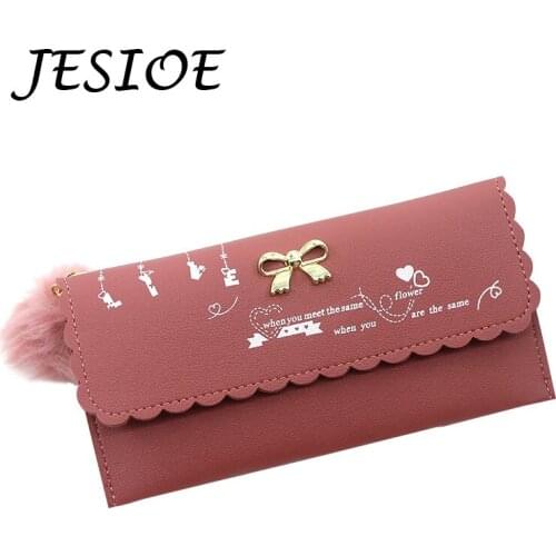 Wallet Ladies Cute Bowknot Women Luxury Long Wallet Pure Color Clutch Bag Leather Purse Female Hairball Phone Card Holder Bag