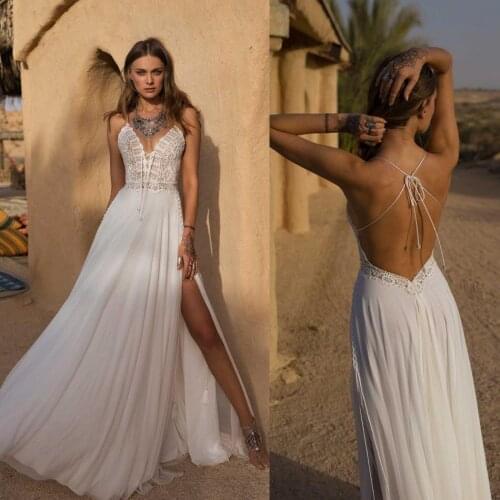 2019 Bohemian Wedding Dresses Spaghetti Straps Side Split Bridal Gowns Floor Length Beach A-Line Wedding Dress Robe De Mariee