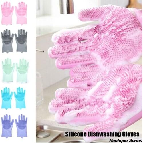 1 pair Silicone Gloves Practical Rubber Dishwashing Gloves Kitchen Cleaning Brushes