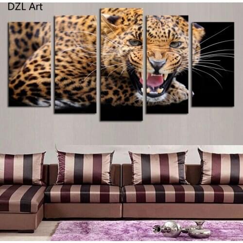 Unframed 5 panels HD Ferocious Yellow Leopard wall Art Picture Print On Canvas Painting Wall For Home Decor