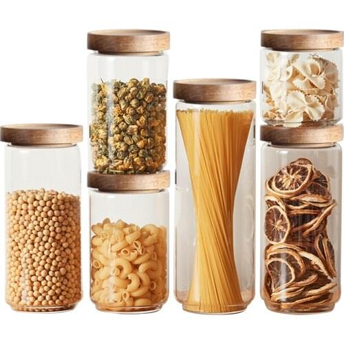 750 1000 1700ml Airtight Wood Lid High Borosilicate Glass Canister Glass Pasta Rice Tea Food Storage Jar Pasta Rice Food Bottle