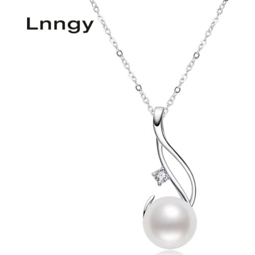 Lnngy 925 Sterling Silver Chain Necklace 9-10mm Natural Freshwater Pearl Gift Fashion Necklace Women Anniversary Jewelry Gifts