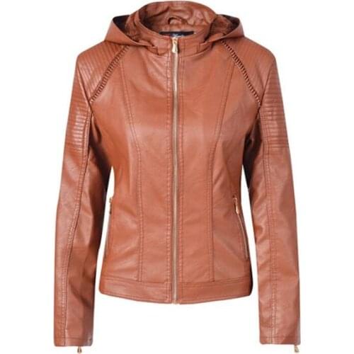 Womens motorcycle jacket with zipper coat Turn Down Collor ladies outerwear faux leather PU female jacket coat
