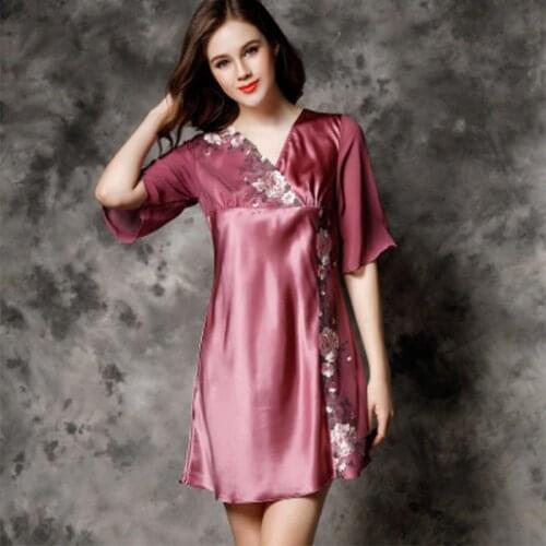 Elegant Real 100 Silk Nightgowns Women Lace Embroidery 100% Silk Satin Comfortable Sleeping Dress Nightdress Sleeping Skirt