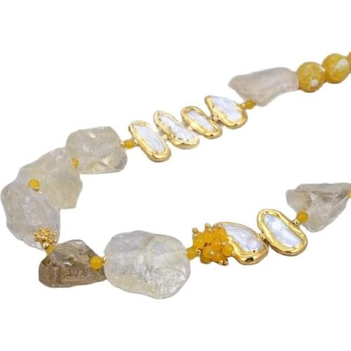 GG Jewelry Natural Lemon Quartzs Rough White Biwa Freshwater Pearl Round Agates Choker Necklace 21" Vintage For Women