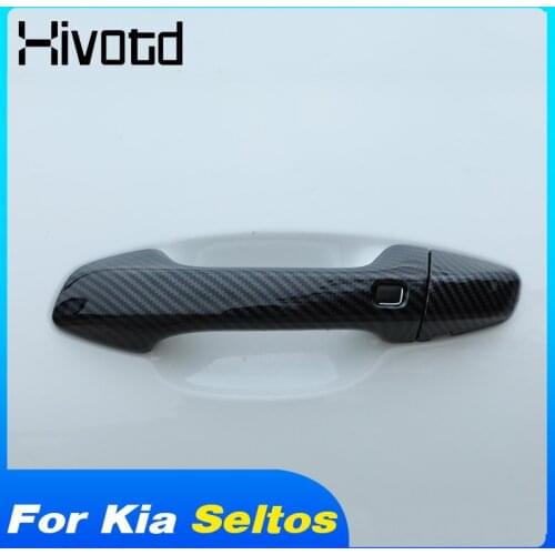 Hivotd ABS Door Handle Cover Trim Exterior Parts Chrome / Carbon Fiber Stickers Car Styling For Kia Seltos 2020 2021 Accessories