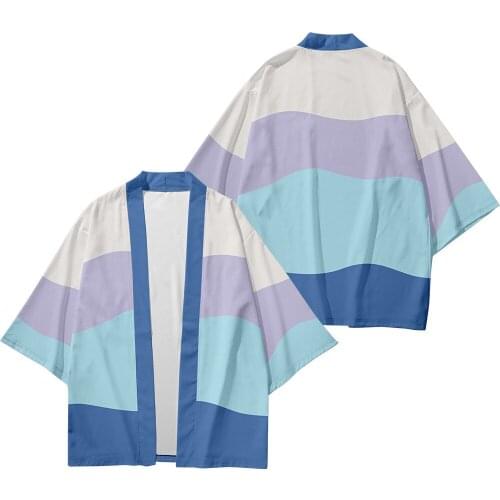Wavy Stripes Printed Kimono Cardigan Men Japanese Traditional Casual Loose Coat Pants Set Asian Clothes Harajuku