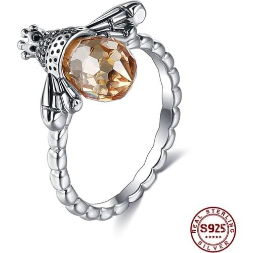 COCOM Real S925 Sterling Silver Ring Cute Bee Animal Orange Crystal Finger Ring Luxury Fine Jewelry for Women Christmas Gift