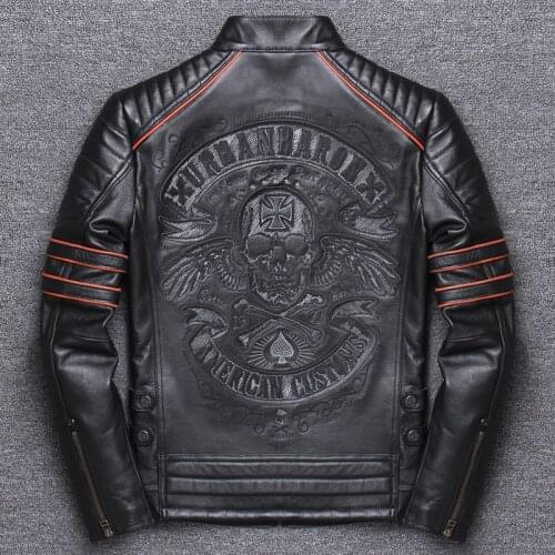 DHL Free Shipping Mens Black Skull Genuine Leather Jackets Man Genuine Cow Leather Jacket Biker Leather Spring autumn Coat