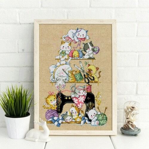 The kitten beside the sewing machine (2) cross stitch kit cat animal 14ct 11ct linen flaxen canvas embroidery DIY needlework