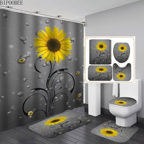 3D Flower Shower Curtain Set Bath Mats Rugs Sunflower Bathroom Sets Bathtub Curtains with Hooks Non-Slip Carpet Toilet Lid Cover