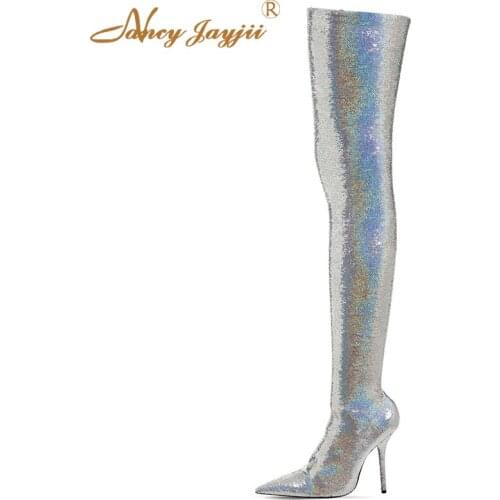 Womens Winter Fashion Silver High Heel Over-the-Knee High-Heel Boots Pointed Toe Fine Patent Leather Dress Plus Size Nancyjayji