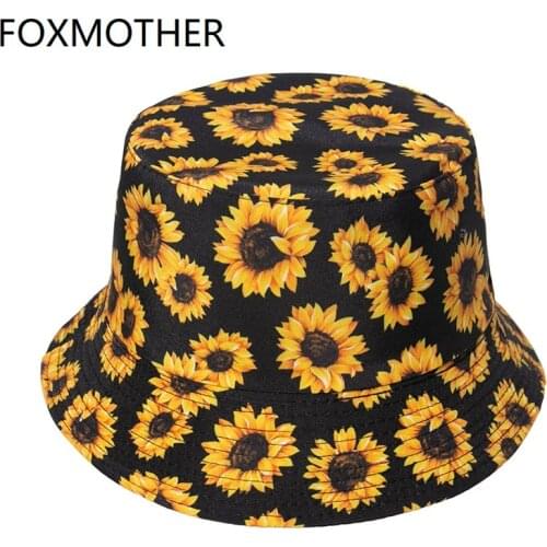 FOXMOTHER New Fashion Spring Summer Black Floral Fisherman Caps Panama Bob Sunflower Print Bucket Hat For Women Mens