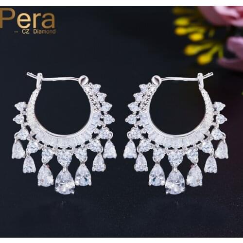 Pera Bling White Cubic Zirconia Half Circle Shape Tassel Water Drop Silver Color Dangle Earrings for Women Party Jewelry E652