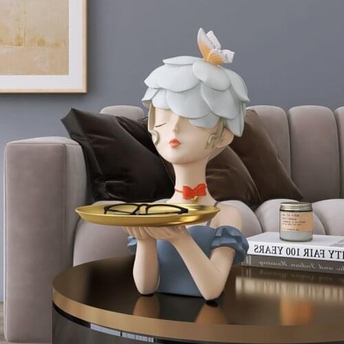 Modern Flower Head Girl Storage Tray Resin Sculpture Hotel Club Cafe Furnishing Crafts Home Livingroom Desktop Figurines Decor