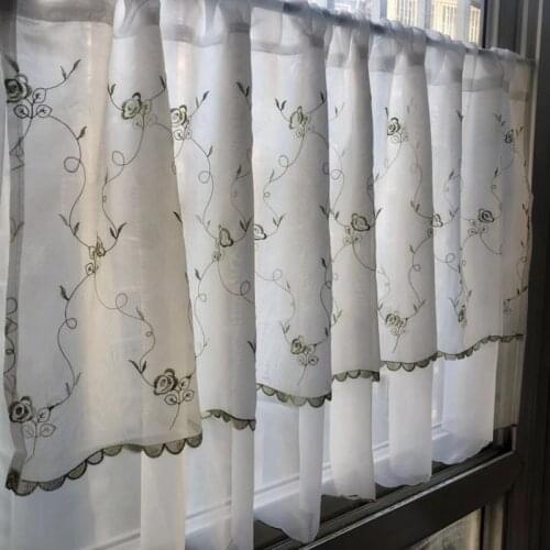 Fresh Green Pastoral Bunk Embroidered Small Rose Yarn Coffee Curtain Kitchen Curtain Decorative Short Curtain
