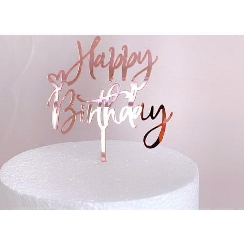 New Happy Birthday Cake Topper Rose Gold Heart Birthday Acrylic Cake Topper For Kids Birthday Party Cake Decorations Baby Shower