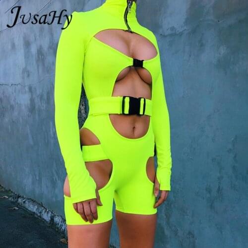 JuSaHy Punk Hollow Out Playsuits with Belt for Women Long Sleeves Zipper Turtleneck Slim Stretched Activewear High Streetwear