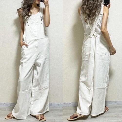 Women Rompers And Jumpsuites Japanese Suspenders Plain Trousers Ladies Loose All-in-one Full Length White Casual Wide Leg Pants