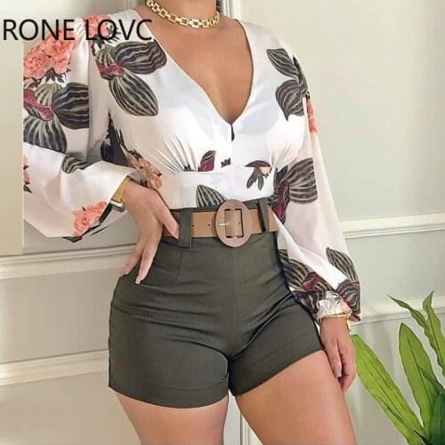 Spring V Neck Tropical Print Long Sleeve Top & Shorts Set Women Sets 2 Piece Set