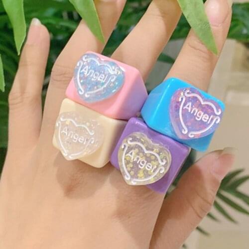 Fashion Letter Angel Ring Heart Sequin Ring Geometric Acrylic Resin Rings for Women Peach Heart Rainbow Bohemian Summer Jewelry
