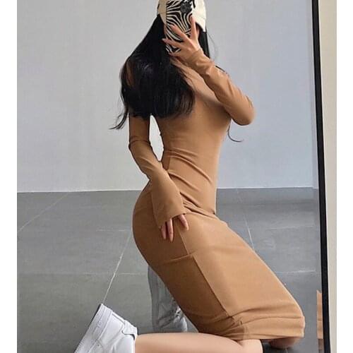 TVVOVVIN Winter Long Sleeve High Neck Solid Color Skinny Package Hip Dress Women All-match Mid-length Dresses MZSS